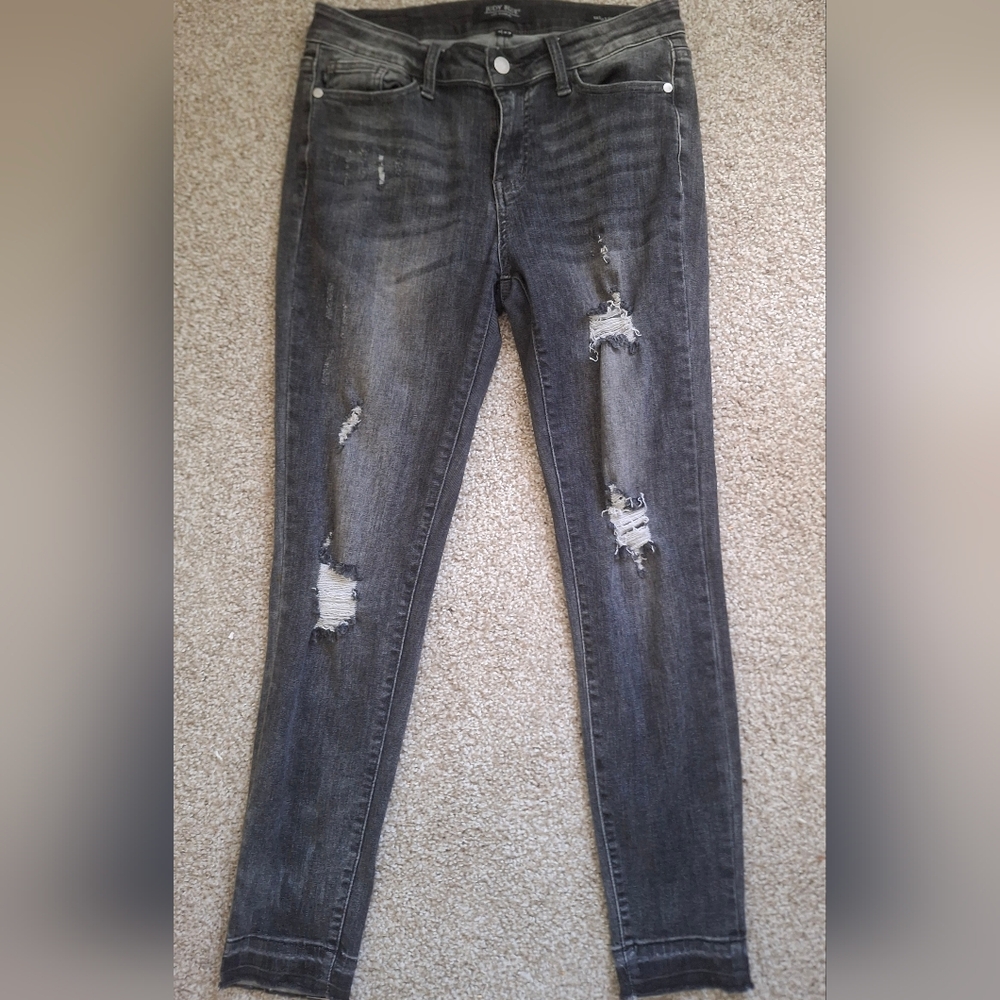 Judy Blue Washed Black Distressed Skinny Jeans Raw Hem Size 9/29